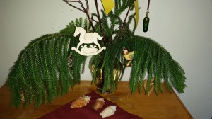 Christmas bouquet with cutout ornaments.